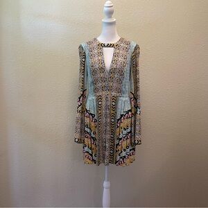 Free People Teagan Aqua Yellow Border Print Bell Sleeves Side Zip Mini-Dress 2